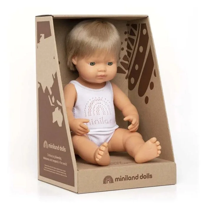 Miniland Doll - Anatomically Correct Baby Caucasian Boy Dark Blond Hair 38cm