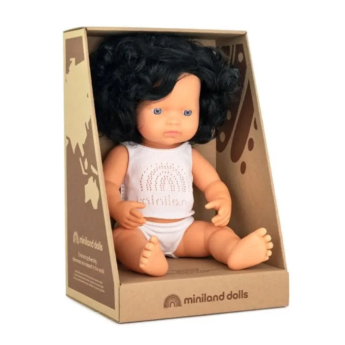 Miniland Doll - Anatomically Correct Baby Caucasian Girl Curly Black Hair 38cm