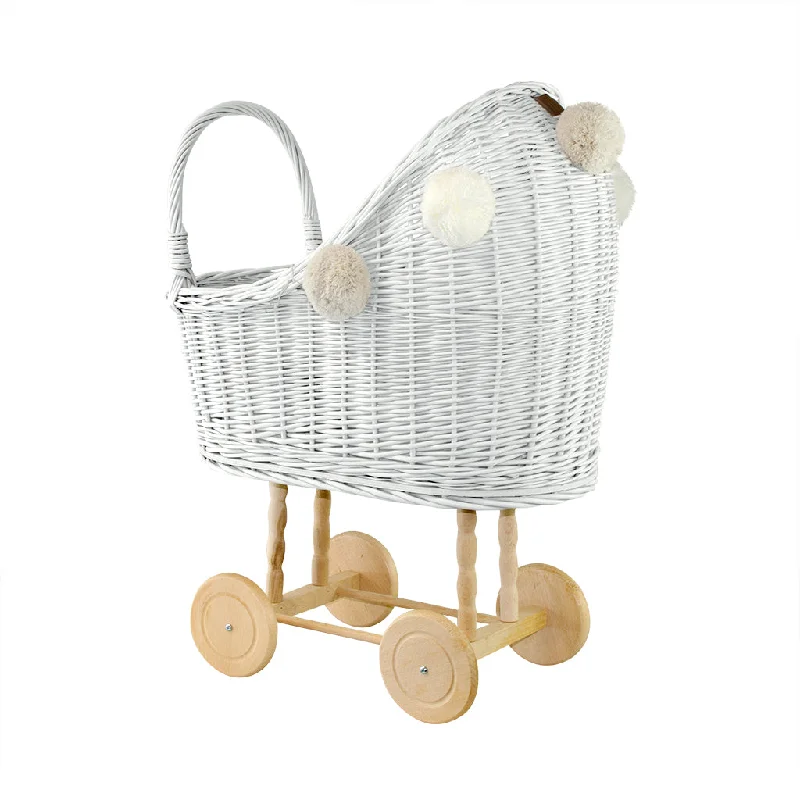 Wicker Dolls Pram High - White