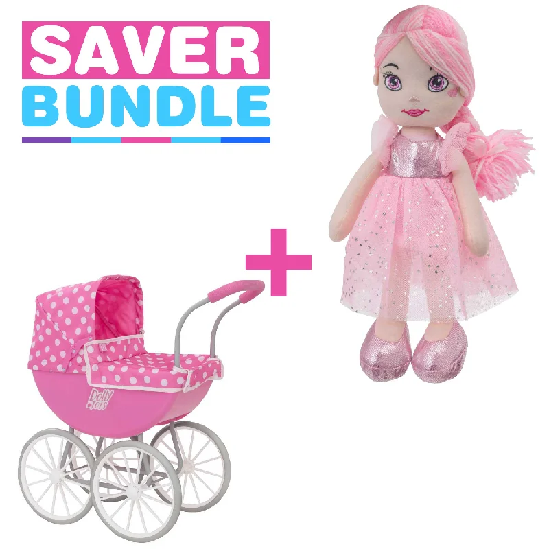 Dolly Tots My First Carriage Dolls Pram + Pink Rosie Rag Doll Bundle