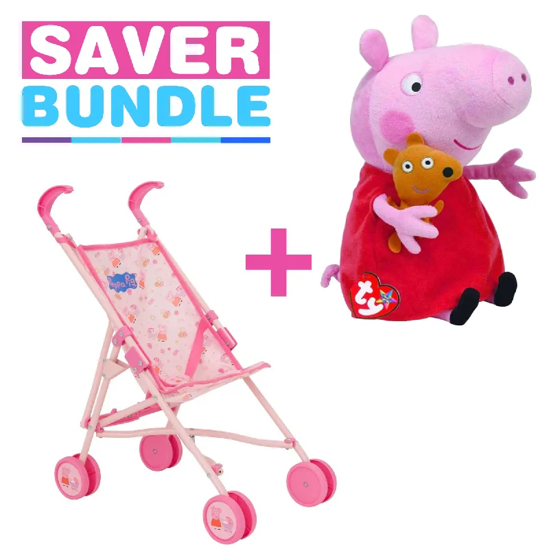 Peppa Pig Single Dolls Stroller + TY Peppa Pig Beanie Boo | Medium - Bundle